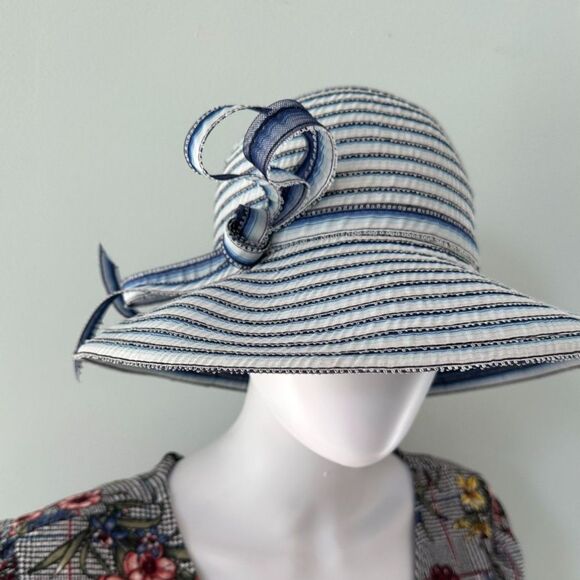 NWT Vintage Frank Olive By Gabriel Amar Blue White Kentucky Derby Picture Hat - Picture 3 of 7